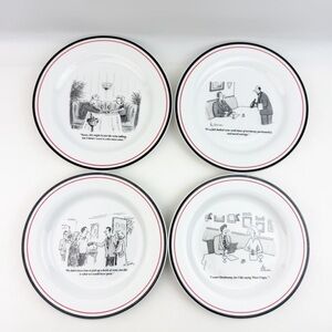 FOUR Restoration Hardware The New Yorker Plates Humor Wine Cheese 8" y2k Vintage